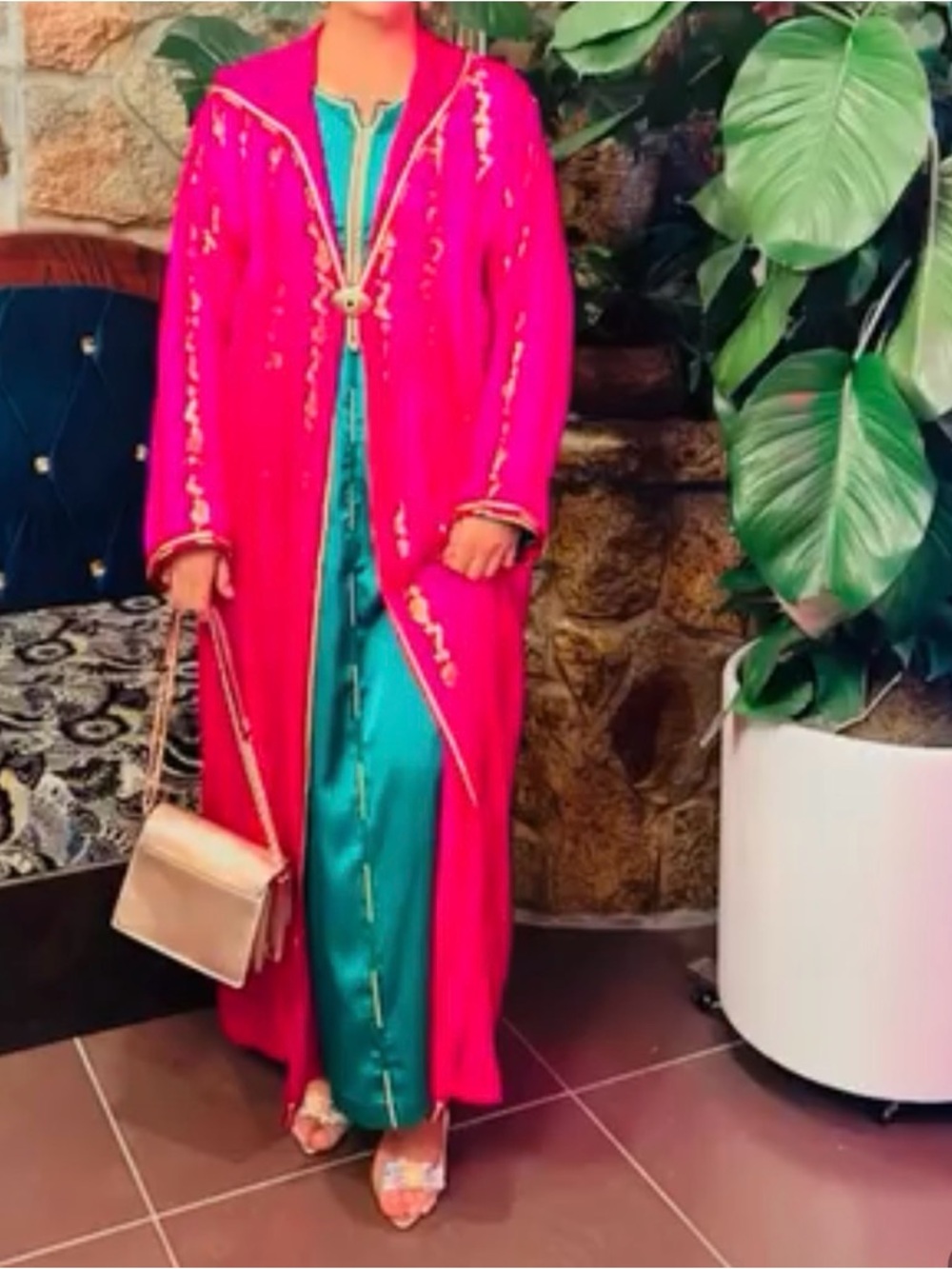 Embroidered Fuchsia 2 piece handmade jelaba with green caftan  Inner Dress